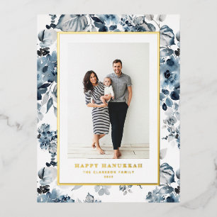 Watercolor Blue Flowers Happy Hanukkah Photo Foil Holiday Postcard