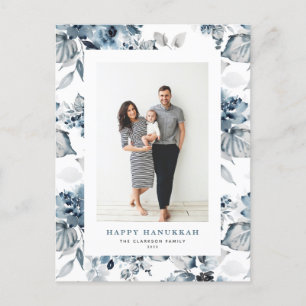 Watercolor Blue Flowers Happy Hanukkah Photo Holiday Postcard