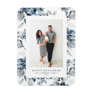 Watercolor Blue Flowers Happy Hanukkah Photo Magnet
