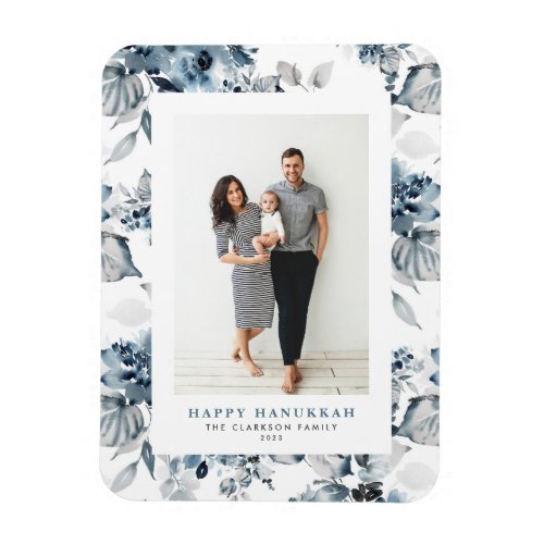 Watercolor Blue Flowers Happy Hanukkah Photo Magnet