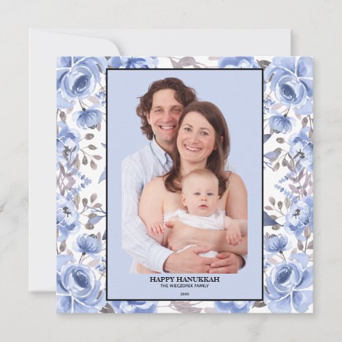 Watercolor Blue Flowers Happy Hanukkah Photo Thank You Card