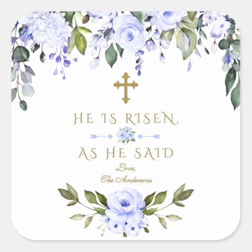 Watercolor Blue Flowers He Is Risen Gold Easter Square Sticker