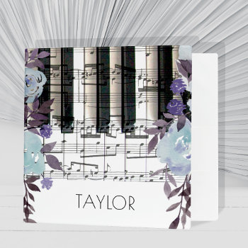 Watercolor Blue Flowers Music Piano Keyboard Notes 3 Ring Binder by musickitten at Zazzle