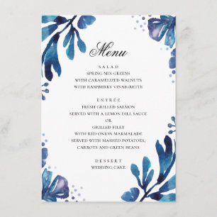 Watercolor blue flowers. Navy botanical wedding Menu