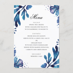Watercolor blue flowers. Navy botanical wedding Menu