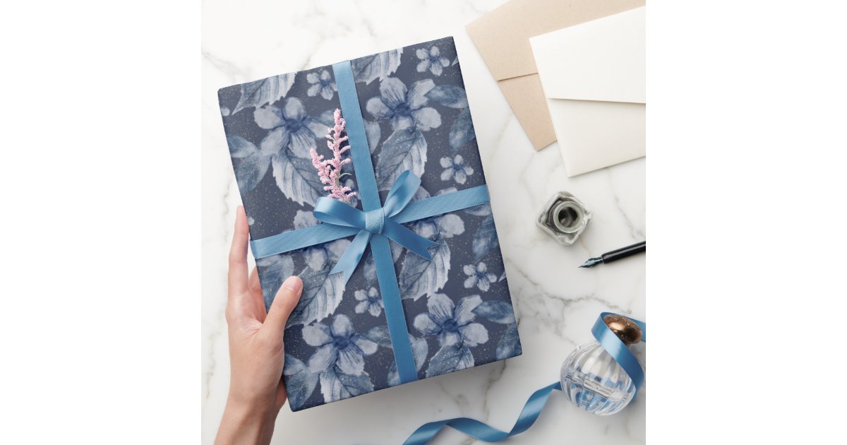 Watercolor Blue Flowers On a Blue Background Wrapping Paper Zazzle