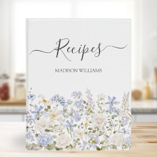 Watercolor Blue Flowers Personalized Recipe Book Mini Binder