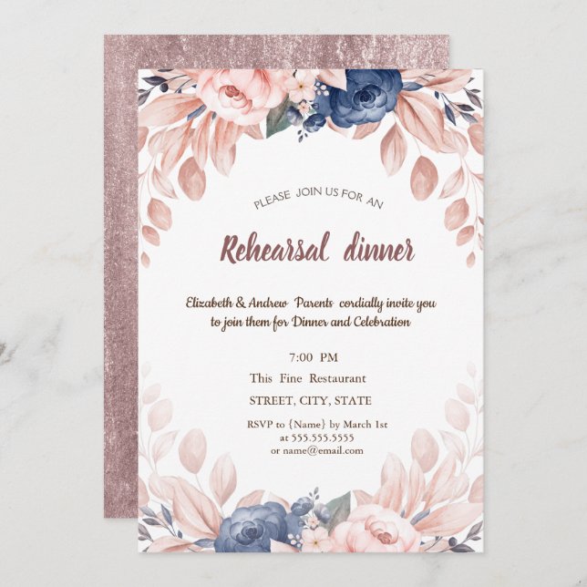 Watercolor Blue Flowers Rehearsal Dinner Invitation (Front/Back)