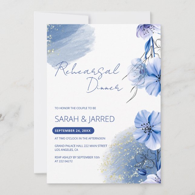 Watercolor Blue Flowers Rehearsal Invitation (Front)
