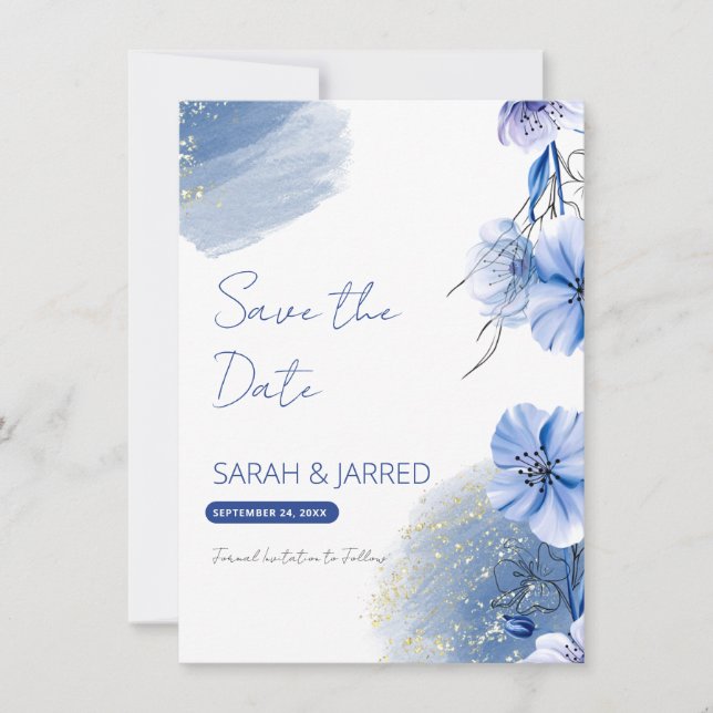 Watercolor Blue Flowers Save The Date (Front)