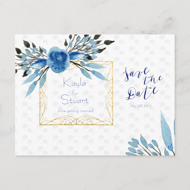 Watercolor Blue Flowers Save The Date Wedding Announcement Postcard (Front)