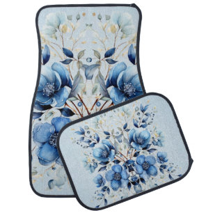 Watercolor Blue Flowers Set of Car Mats