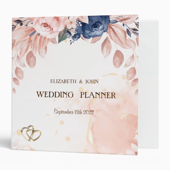 Watercolor Blue Flowers Splash Wedding 3 Ring Binder (Front/Inside)