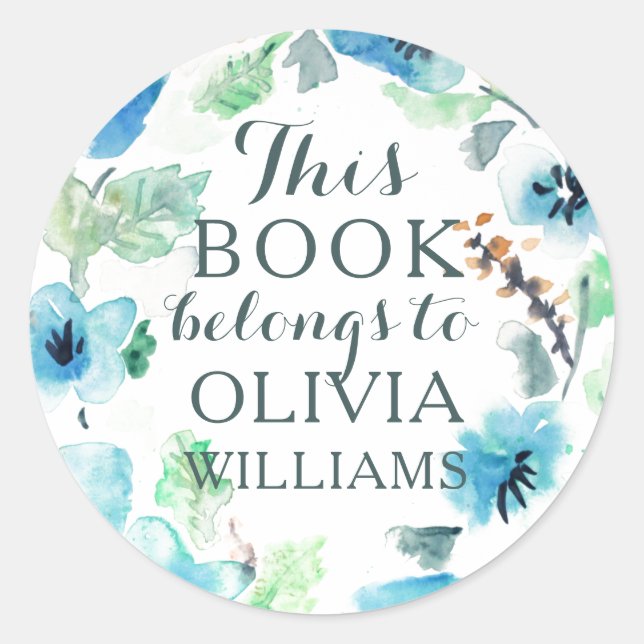 Watercolor Blue Flowers This Book Belongs Stickers (Front)