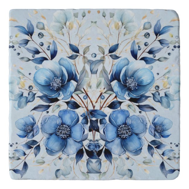 Watercolor Blue Flowers Trivet (Front)