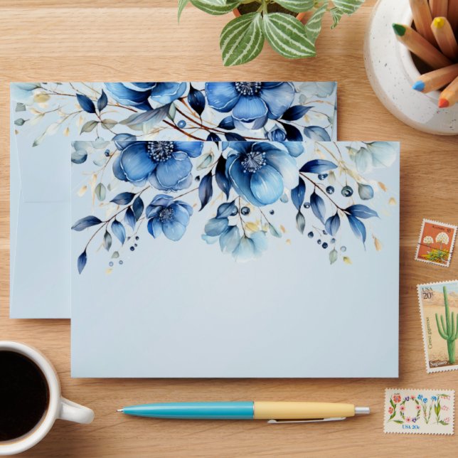 Watercolor Blue Flowers Wedding Envelope (Desk)