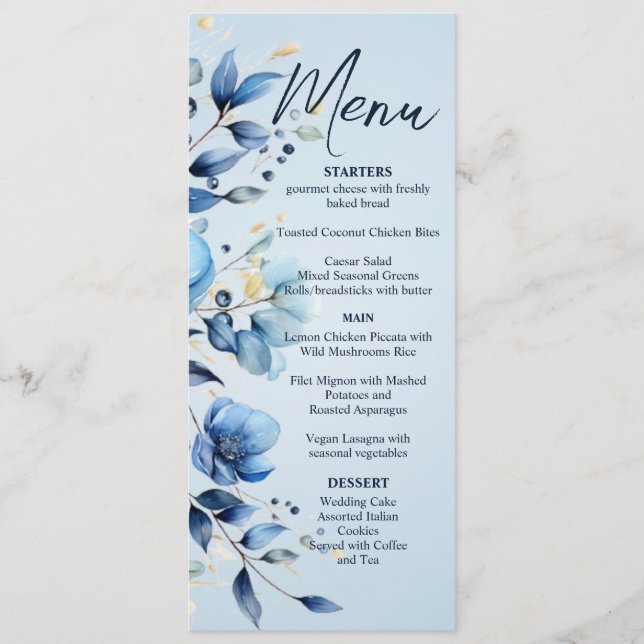 Watercolor Blue Flowers Wedding Menu (Front)