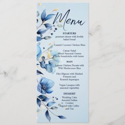 Watercolor Blue Flowers Wedding Menu