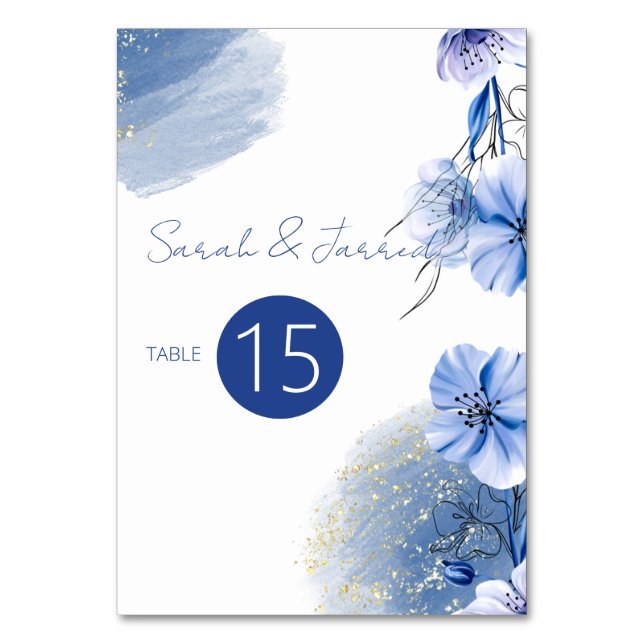 Watercolor Blue Flowers Wedding Table Number (Front)
