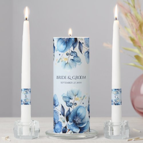 Watercolor Blue Flowers Wedding Unity Candle Set