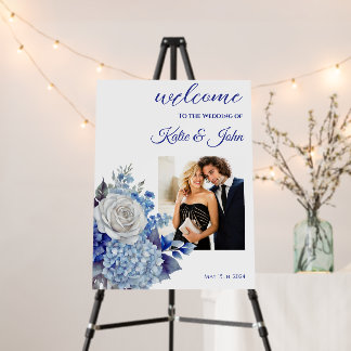 Watercolor Blue Flowers-Wedding Welcome- Foam Board