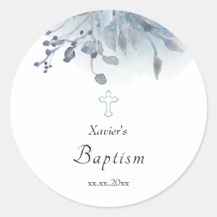 watercolor blue foliage Baptism Classic Round Sticker