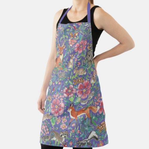 Watercolor Blue Forest Animal Floral Nature Pretty Apron