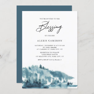 Watercolor Blue Forest Winter Baby Blessing Invitation