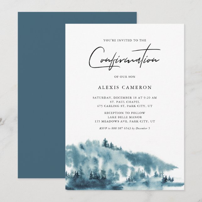 Watercolor Blue Forest Winter Confirmation Invitation (Front/Back)