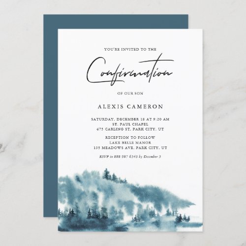 Watercolor Blue Forest Winter Confirmation Invitation