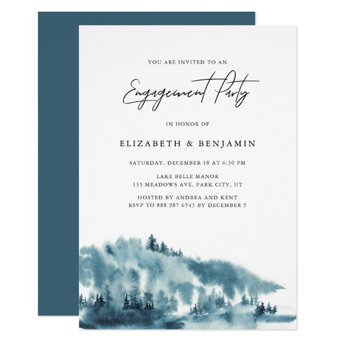 Watercolor Blue Forest Winter Engagement Party Invitation Zazzle