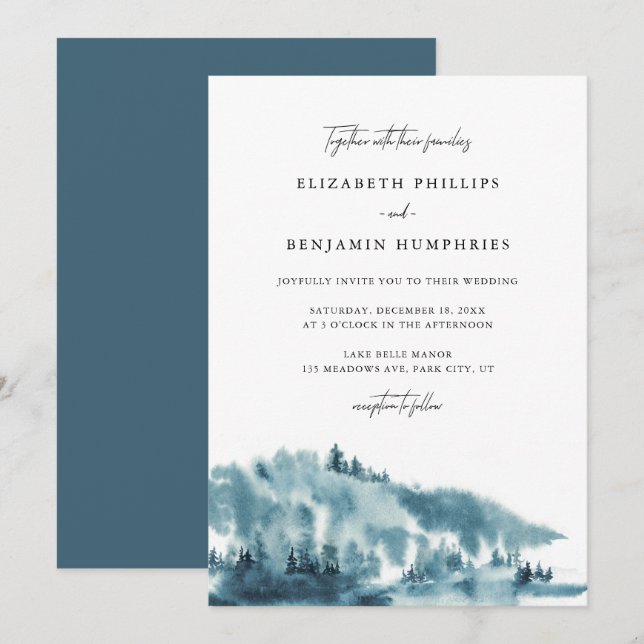 Watercolor Blue Forest Winter Wedding Invitation (Front/Back)