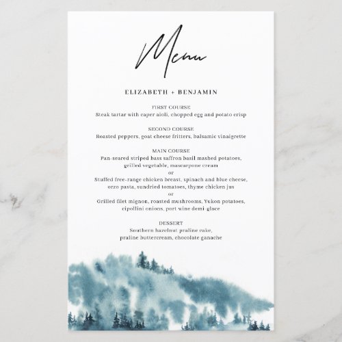 Watercolor Blue Forest Winter Wedding Menu Card