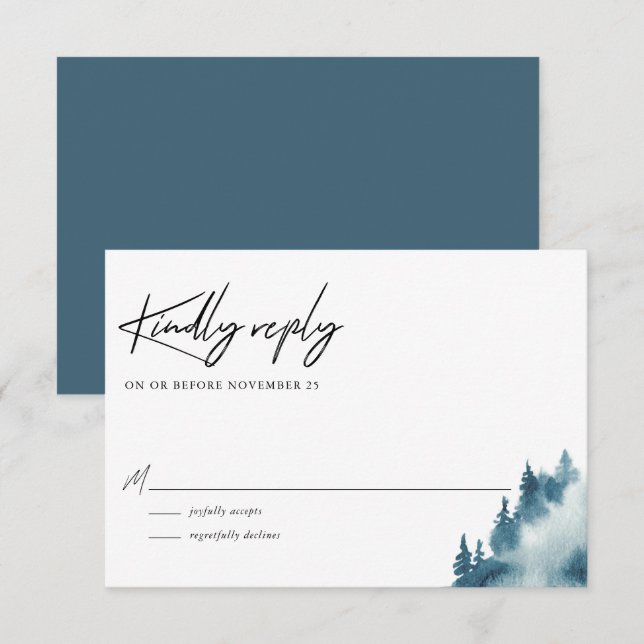 Watercolor Blue Forest Winter Wedding RSVP Card (Front/Back)