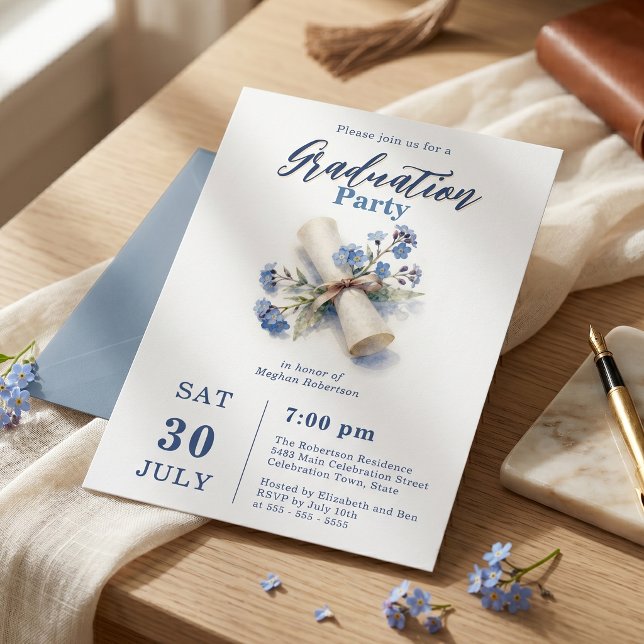 Watercolor Blue Forget Me Not Diploma Graduation Invitation (Creator Uploaded)