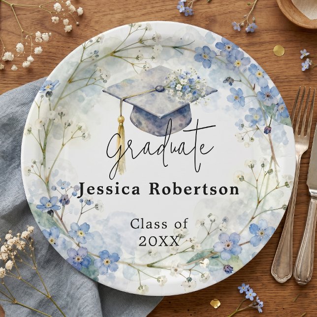 Watercolor Blue Forget Me Not Floral Graduation Paper Plates (Creator Uploaded)