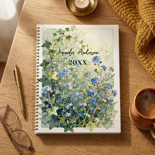 Watercolor Blue Forget Me Not Floral Green Ivy Planner