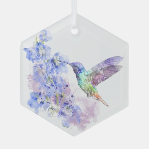 Watercolor Blue Garden Flower Hummingbird Bird Glass Ornament