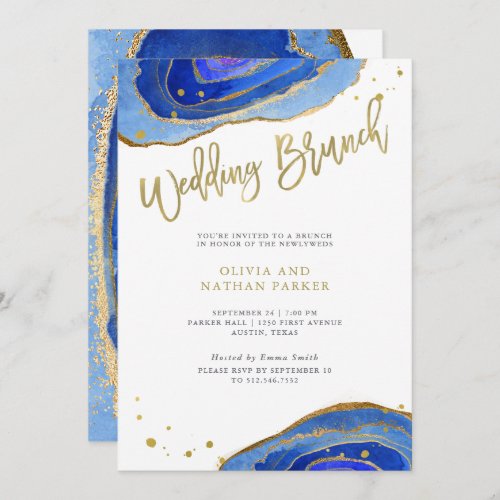 Watercolor Blue Geode and Gold Post Wedding Brunch Invitation