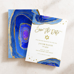 Watercolor Blue Geode with Gold Bar Mitzvah Save The Date