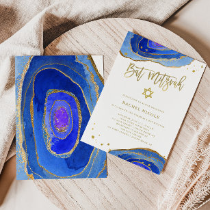 Watercolor Blue Geode with Gold   Bat Mitzvah Invitation