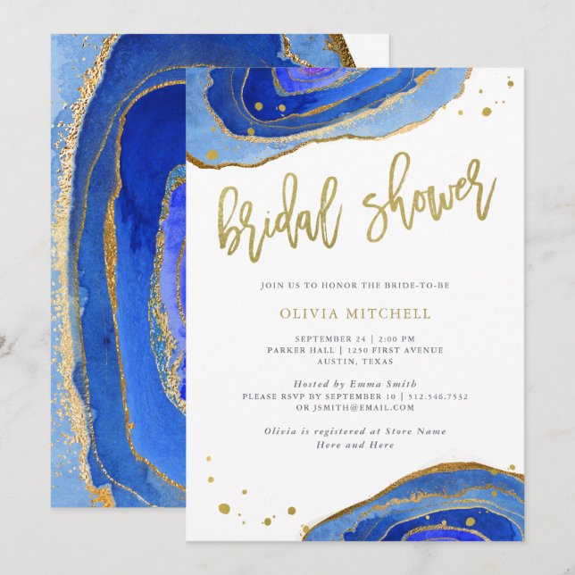 Watercolor Blue Geode with Gold | Bridal Shower Invitation (Front/Back)