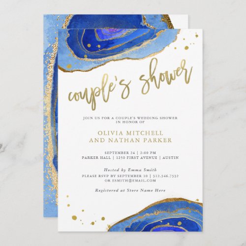 Watercolor Blue Geode with Gold  Couples Shower Invitation