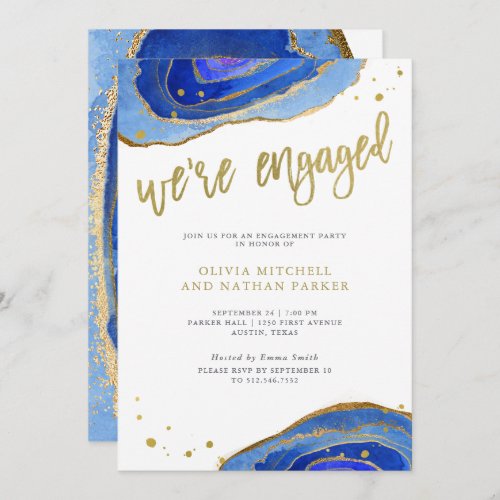 Watercolor Blue Geode with Gold  Engagement Party Invitation