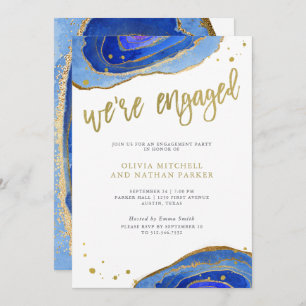Watercolor Blue Geode with Gold Engagement Party Invitation