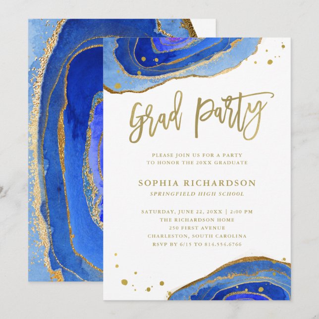 Watercolor Blue Geode with Gold Graduation Party Invitation (Front/Back)