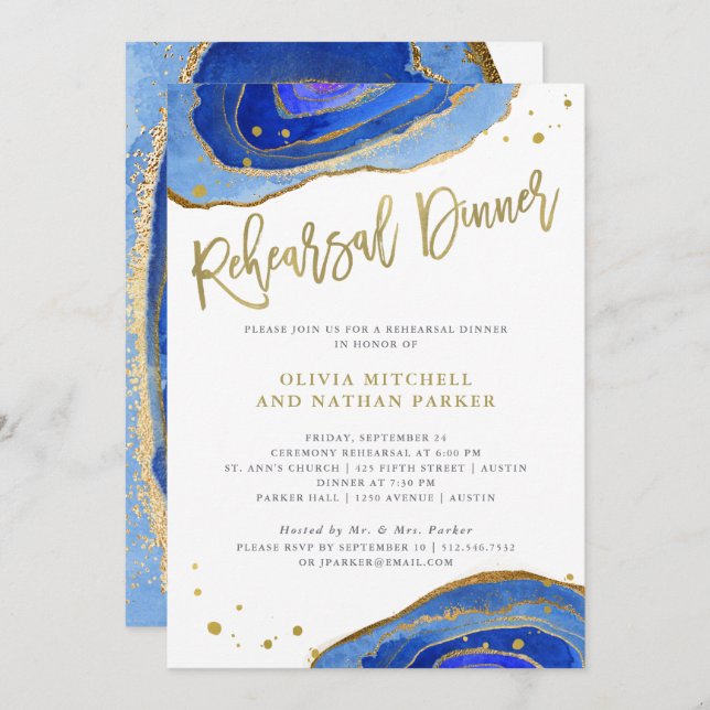 Watercolor Blue Geode with Gold | Rehearsal Dinner Invitation (Front/Back)