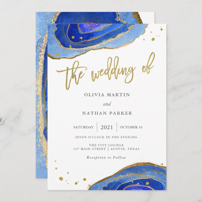 Watercolor Blue Geode with Gold | Wedding Invitation (Front/Back)