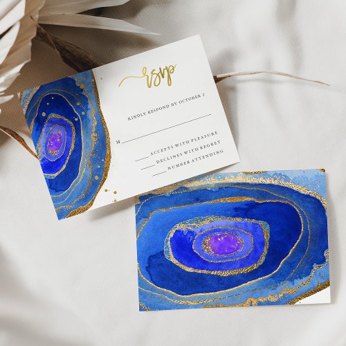 Watercolor Blue Geode with Gold  Wedding RSVP Card