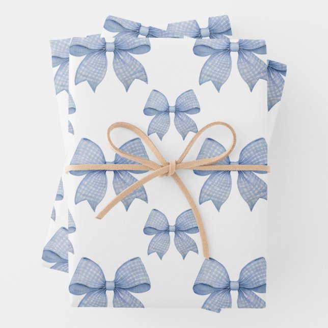 Watercolor Blue Gingham Bow Wrapping Paper Sheets (In situ)